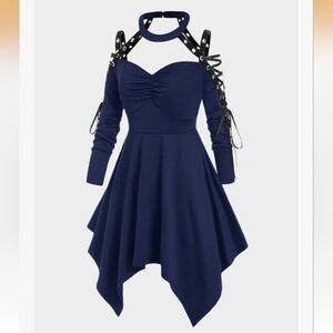 Rosegal Navy Cold-Shoulder Asymmetrical Gothic Fit & Flare Dress